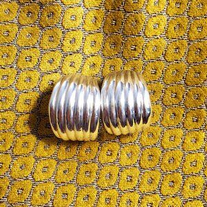 Vintage 925 Silver puffy large half hoop earrings, Omega back